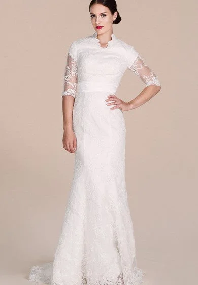 women's statement dressesHalf-sleeved Lace Gown With Illusion Sleeves