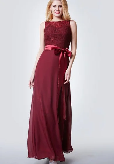 women's chiffon dressesBrilliant Bateau Neck Form-fitted Chiffon Gown With Satin Sash