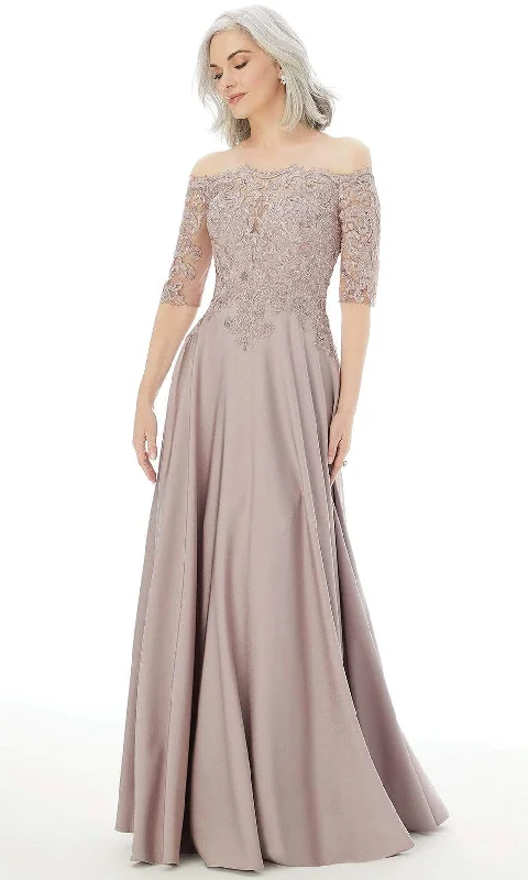 women's empire waist dressesMGNY By Mori Lee - 72220 Lace Elbow-Length Sleeve Formal Gown