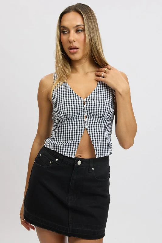 women's tops for those who want to elevate their everyday wear with chic and elegant piecesBlack Check Sleeveless Top Open Front