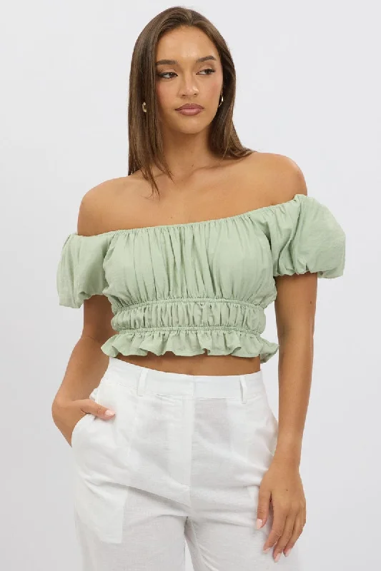 women's tops with spaghetti straps and deep V-necksGreen Ruffle Crop Top Puff Sleeve