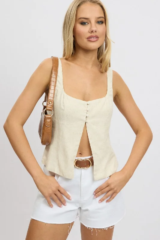 luxury women's topsBeige Open Front Top Sleeveless Linen Blend