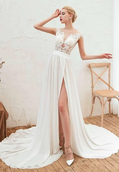 women's made-to-order dressesIllusion Lace Appliqued Cap Sleeve Elegant A-line Split Front Chiffon Bridal Gown