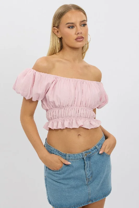 women's tops for those who prefer classic over trendy stylesPink Ruffle Crop Top Puff Sleeve