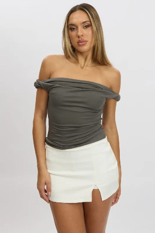 women's tops for those who prefer classic over trendy stylesGrey Twist Top Off Shoulder