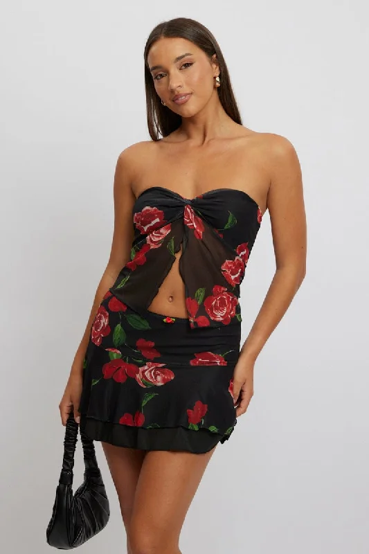 women's tops for those who want to add a personal touch to their wardrobe with unique and one-of-a-kind piecesBlack Floral Twisted Bandeau Top Mesh