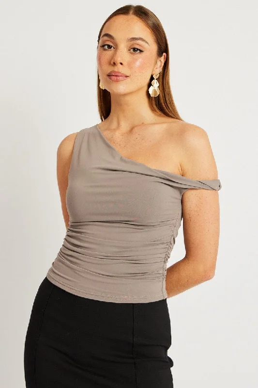 women's tops for those who believe in expressing their individuality through fashionBrown Supersoft Top Twist off Shoulder