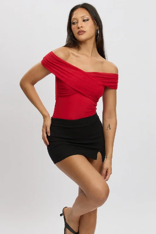 women's tops for relaxed weekendsRed Off Shoulder Bodysuit Mesh