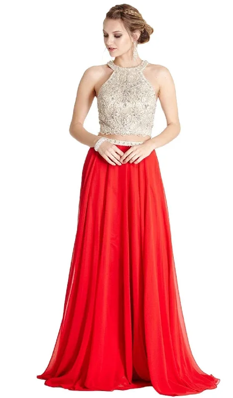 women's high-end dressesTrevi Collection L1809 - Beaded Embroidered Crop Top Two Piece Gown