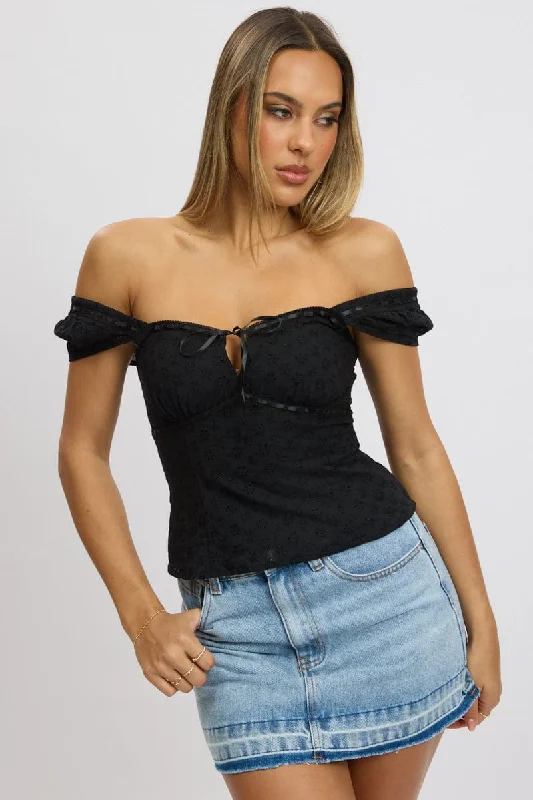 women's tops with sleeveless designsBlack Eyelet Top Short Sleeve