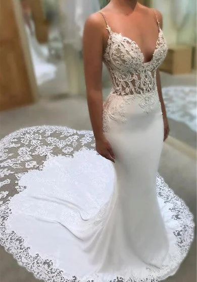 women's glam dressesSexy Plunging Spaghetti Lace Bridal Gown With Cathedral Train