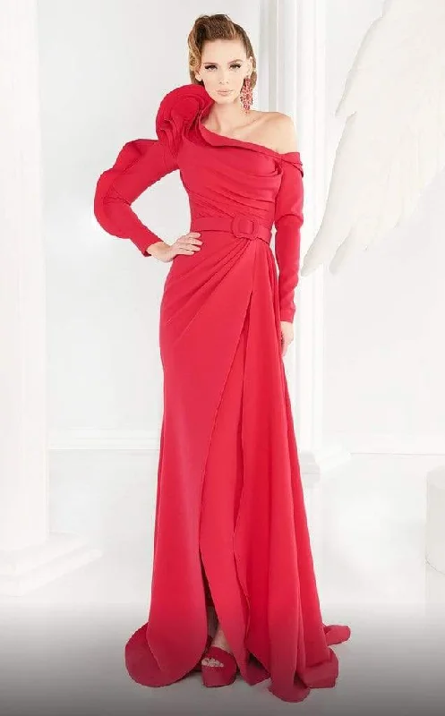 women's high-end dressesMNM COUTURE - 2571 Asymmetric Neck Ruched A-Line Gown