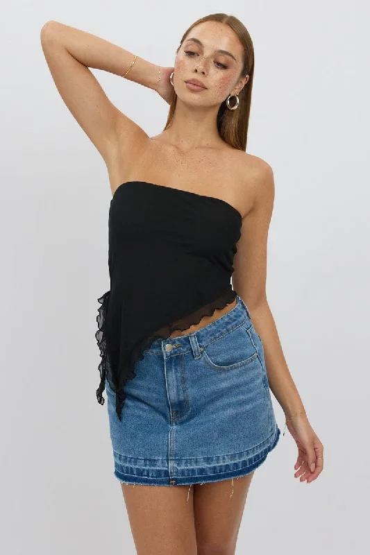 women's tops for those who want to stay updated with the latest fashion trendsBlack Bandeau Top Asymmetrical Ruffle Hem Mesh