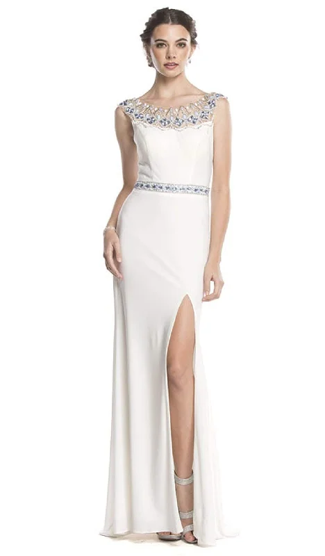 women's versatile dressesTrevi Collection L1606 - Embellished Bateau Column Slit Gown