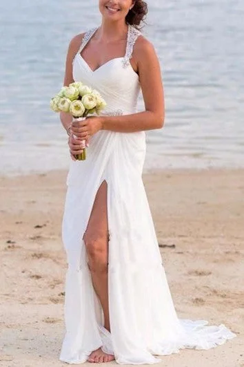 women's lace dressesVintage Beach V Neck Beaded Backless Front Split Sheath Bridal Gown