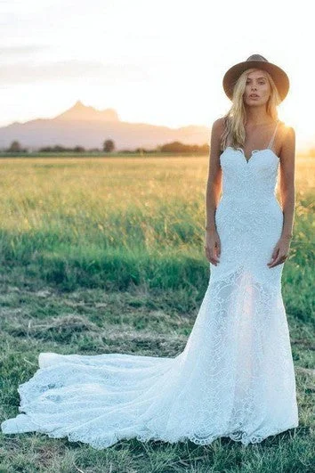 women's neon dressesA Line Bohemian Low V Back Full Lace Beach Garden Bridal Gowns