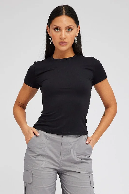 women's tops with unique designsBlack Supersoft Top Short Sleeve Round Neck