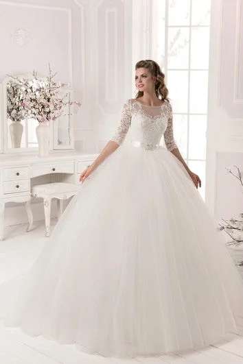 women's spaghetti strap dressesBall Gown Lace&Tulle Long Sleeve Dress with Crystal Detailing