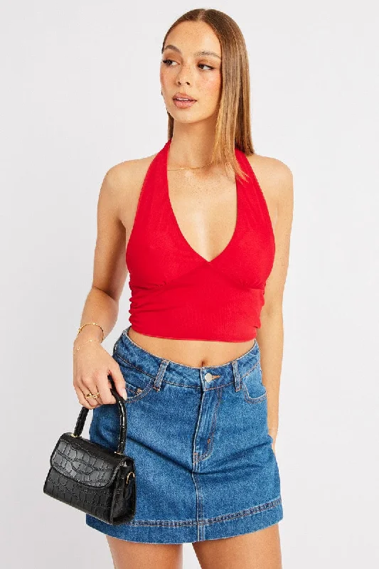 women's tops for those who value both quality and affordabilityRed Halter Neck Top Tie Back Mesh