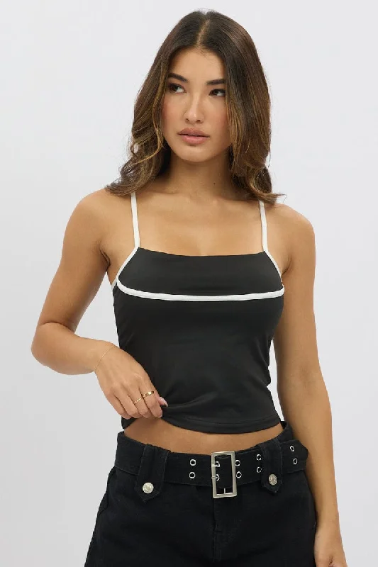 women's tops with cold-shoulder cuts and lace detailingBlack Singlet Top Contrast Piping