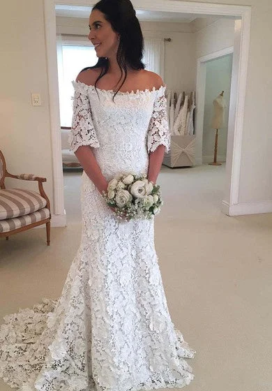 women's long-sleeved dressesVintage Bohemian Off The Shoulder Half Long Sleeves Lace Bridal Gown