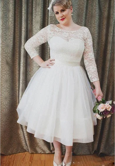 women's short-sleeved dressesPlus Size Vintage Style Scoop Neckline 3-4 Long Sleeve Lace Tea Length Bridal Gown