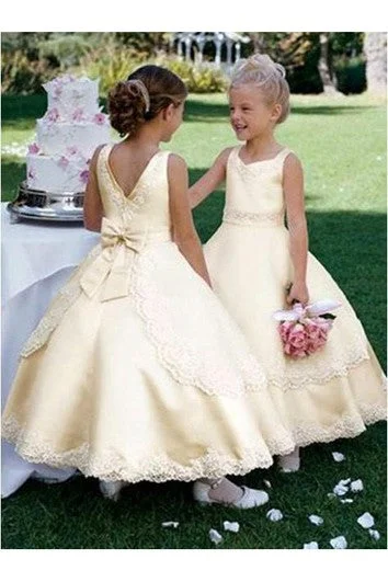 women's affordable dressesBall Gown Scoop Sleeveless Bowknot Ankle-length Satin Flower Girl Dresses