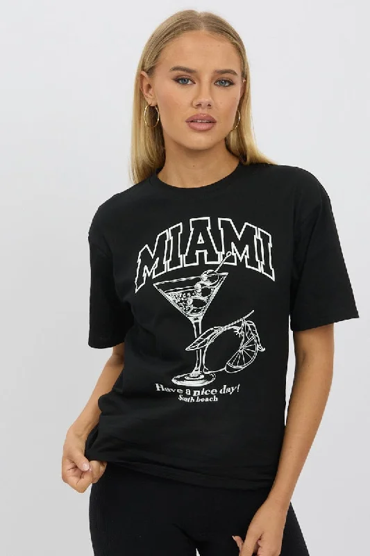 women's tops for beach outingsBlack Graphic Tee Short Sleeve