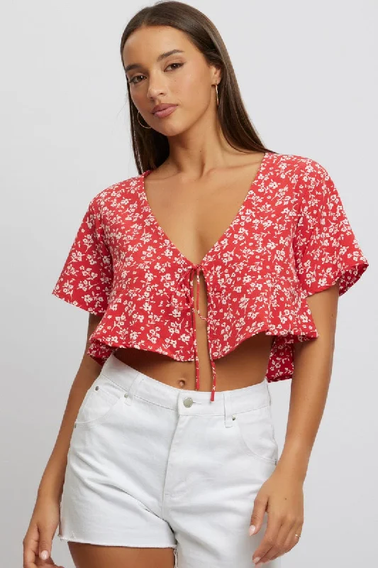 silk women's topsRed Ditsy Tie Up Top Short Sleeve Crop