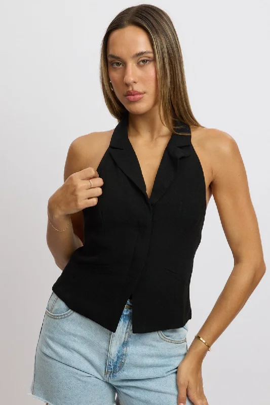 women's tops with floral printsBlack Vest Top V Neck Halter Neck Open Back