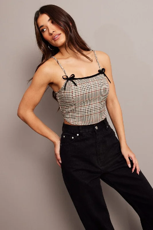 women's tops for those who love to dress up their casual looks with stylish topsBrown Check Check Top Sleeveless