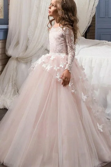 women's luxury dressesTulle Bateau Long Sleeves Ball Gown Flower Girl Dress with Applique