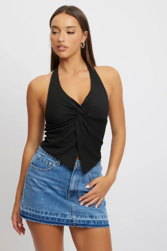 affordable women's topsBlack Halter Neck Top Textured