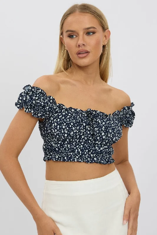 women's tops with ruffled hemsBlue Ditsy Crop Top Short Sleeve Ruched Bust