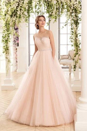 women's retro dressesBall Gown Floor-Length Scoop Sleeveless Keyhole Tulle Dress With Criss Cross And Beading