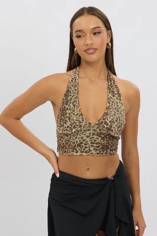 women's stylish topsBrown Animal Print Halter Neck Top Tie Back Mesh