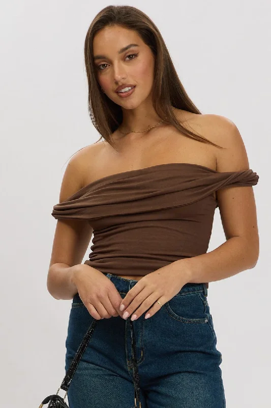 women's tops for casual FridaysBrown Twist Top Off Shoulder