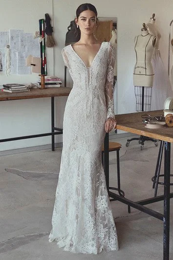 women's pastel dressesSexy Mermaid Bohemian Illusion Long Sleeve Lace Bridal Gown With Plunging