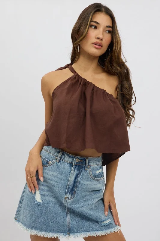 women's tops with beading accentsBrown One Shoulder Top Linen Blend