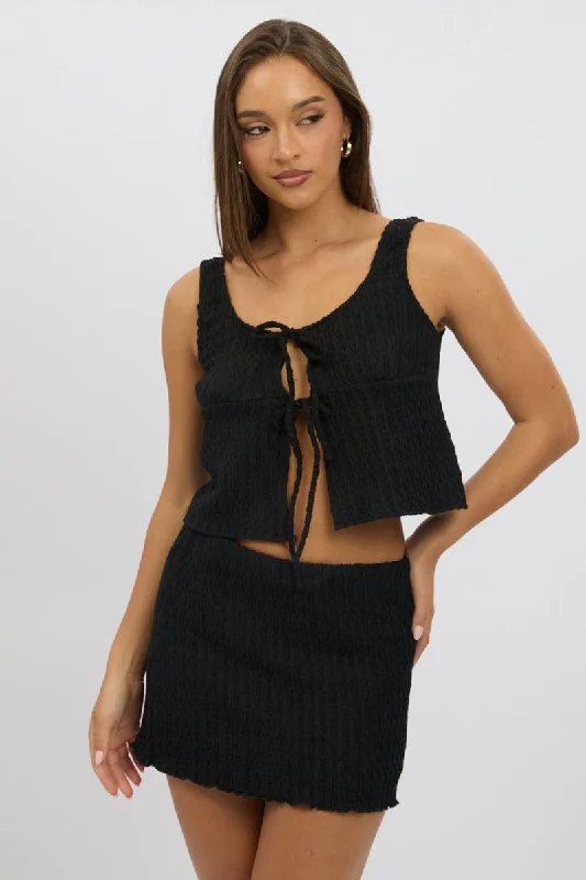 women's tops for those who want to show off their figure in a flattering wayBlack Tie Front Top Sleeveless Textured