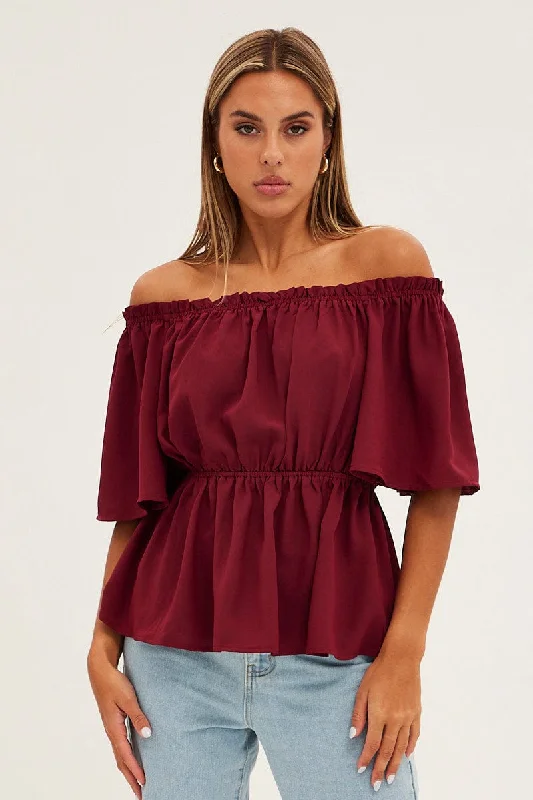 women's tops for those who want to stay warm and stylish during colder weatherRed Top Short Sleeve Off Shoulder Longline Flutter