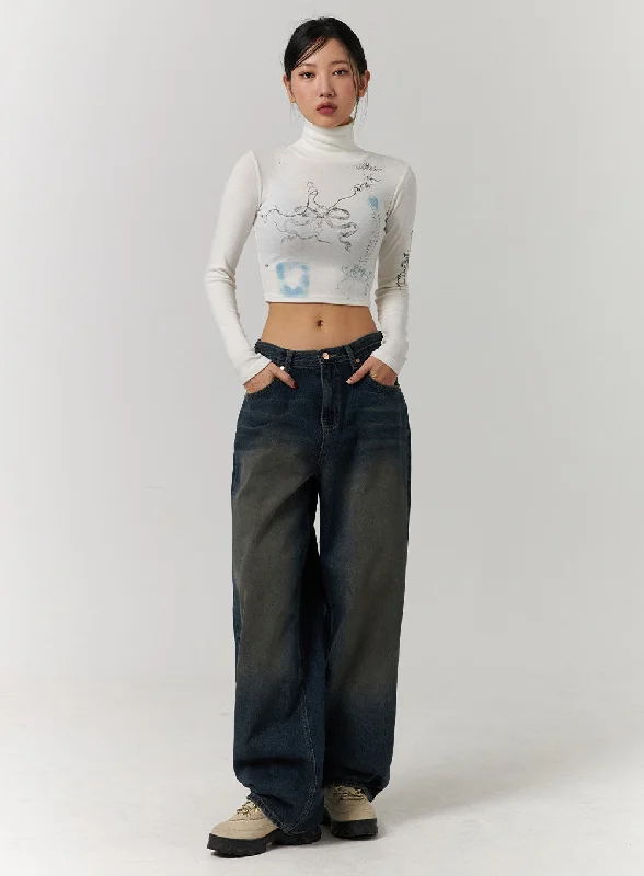 women's denim jeans with patchesDark Washed Wide Leg Jeans CD329