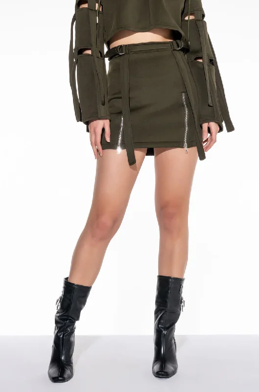 women's leather skirtsREPORTING FOR DUTY STRAPPY SCUBA MINI SKIRT