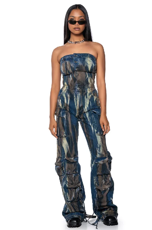 women's jumpsuits with cinched waistsLAURYN STRETCH DENIM JUMPSUIT