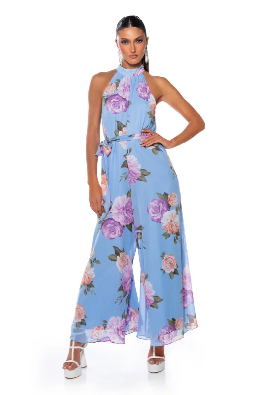 women's jumpsuits with checkered designsZOEY HIGH NECK FLORAL JUMPSUIT