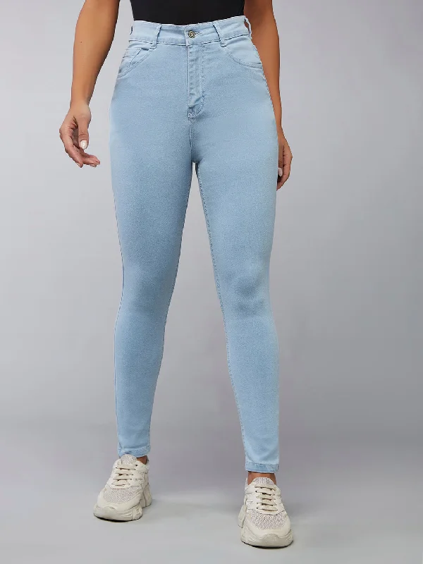 women's straight-leg denim jeans24/7 comfort Women's Light Blue Skinny Fringed Hemline Detailing High Rise Cropped Solid Stretchable Denim Jeans