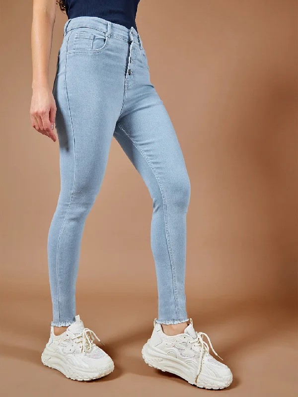 women's grey denim jeans24/7 comfort Women's Light Blue Skinny High Rise Fringed Hemline Cropped Stretchable Denim Jeans