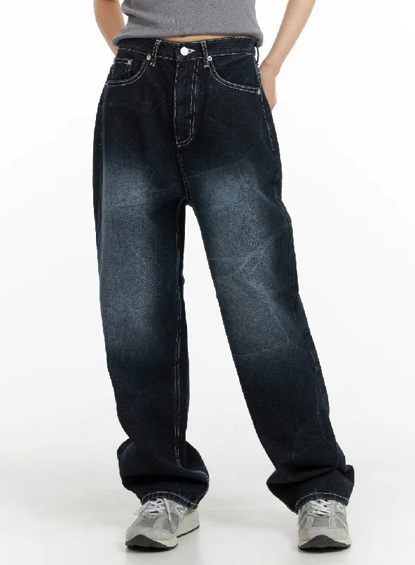 women's denim jeans for a timeless classic lookGraphic Lettering Dark Washed Baggy Jeans CM412