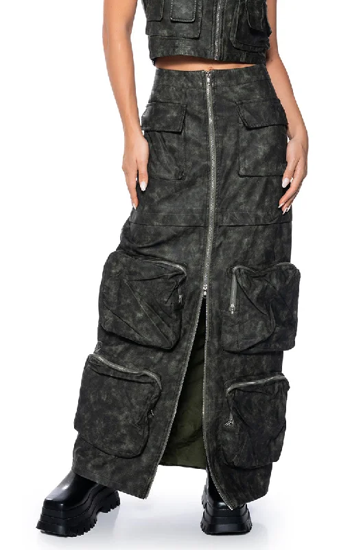 women's casual skirtsELISIA DISTRESSED FAUX LEATHER CARGO MAXI SKIRT