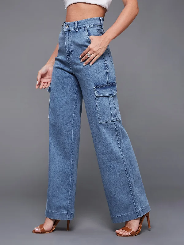 women's denim jeans with geometric patterns24/7 Comfort Women's Light Blue Wide Leg High Rise Stretchable Flared Cargo Denim Jeans